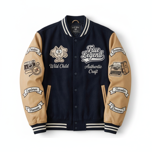 ELIOT BRGS. Men's Navy Varsity <b>Jacket</b> With Tan Sleeves Embroidered Patch Design Vintage Style Autumn Wear - Product Image 1