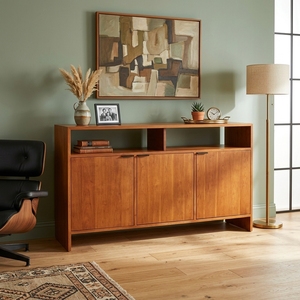 Buffet moderne en teck naturel avec étagère ouverte, armoire à 3 portes, console TV, meuble de rangement pour salon - Product Image 3
