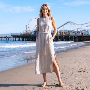 Robe d'été en lin la plus vendue, sans manches, avec fente latérale, poches et ceinture, style minimaliste - Product Image 2