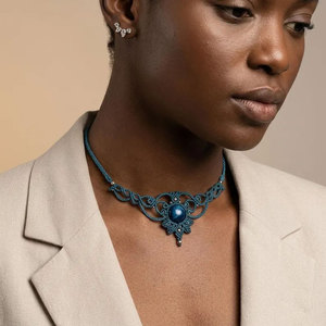 Handmade Macrame Teal Blue Pearl Choker <b>Necklace</b> Boho <b>Statement</b> Adjustable Cord Artisan Jewelry Wholesale Gift - Product Image 3