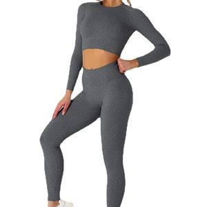 Ensemble de vêtements de yoga professionnels, haut à manches longues sans couture, leggings taille haute, ensemble de sport gris anthracite, vêtements de sport respirants - Product Image 3