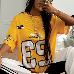 Camiseta de fútbol americano oversize de malla personalizada para mujer, estilo streetwear, cuello en V, uniforme de equipo, producción de números personalizados - Product Image 4