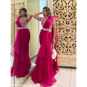 Sari de Georgette con Volantes, Bordado y Lentejuelas, Listo para Usar, con Blusa Cosida, Modelo RANI - Product Image 1