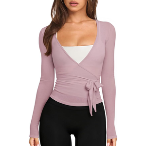 <b>Women</b> Asymmetrical <b>Long</b> Sleeve Yoga Top Solid Color Self-Tie Front Breathable Activewear <b>Shirt</b> - Product Image 2