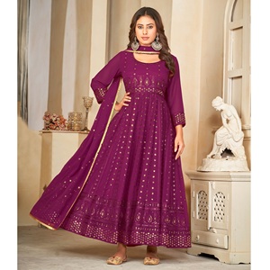 Superbe robe Anarkali pour femme en georgette violette, manches 3/4, semi-couturée, idéale pour les mariages et les occasions festives - Product Image 2