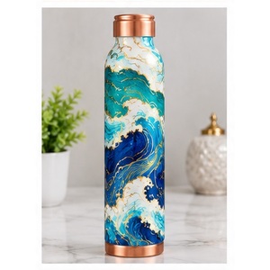 Bouteille d'eau en cuivre design, noir et or, motif bambou, thermos de voyage portable - Product Image 3
