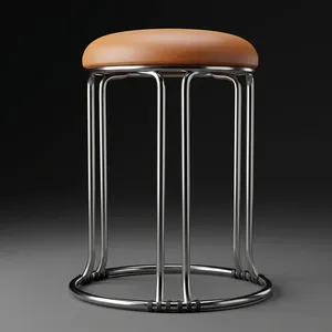 Modern Round Metal <b>Stool</b> with Brown Cushioned <b>Seat</b> Chrome Steel Legs Circular Base for Home Kitchen Bar Office Seating - Product Image 5
