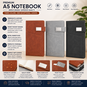 Carnet de notes professionnel en cuir PU A5 de qualité supérieure, relié cousu, avec fermoir métallique et logo personnalisé pour cadeaux promotionnels - Product Image 6