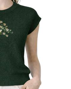 Gilet d'été décontracté et élégant pour femme, vert foncé personnalisé, sans manches, en tricot, avec broderie florale, col rond, doux et léger - Product Image 4