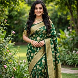 Sari de Seda Khadi Banarasi Puro con Bordado Floral en Oro y Plata y Blusa sin Coser, Precio al por Mayor por Royal Export - Product Image 4