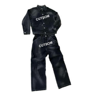 Ensemble deux pièces pour homme, veste en jean délavé à l'acide 100% coton de haute qualité et pantalon évasé, costumes hip-hop pour homme - Product Image 1