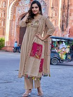 Robe Anarkali beige brodée en soie romaine, longueur genou, coupe classique, séchage rapide, pour femme, style ethnique, décontractée, idéale pour les festivals