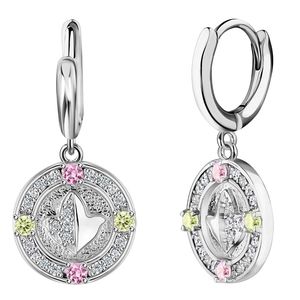 Boucles d'oreilles pendantes en cristal argenté rose et vert avec motif de feuille en relief et détail de pierre scintillante, bijoux de mode pour femmes - Product Image 1