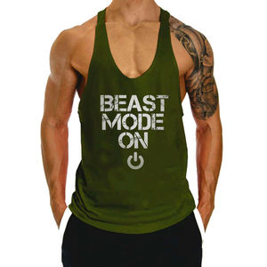 Camiseta sin mangas verde para hombre, con estampado 'Beast Mode On', cuello en V, informal, para fitness, venta al por mayor, personalizada, verde oliva, transpirable - Product Image 1