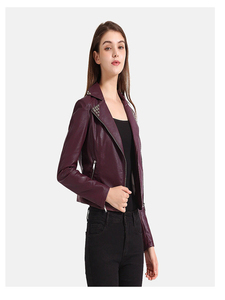 Women's Purple PU Leather Moto Jacket Full Sleeve Turn Down Collar <b>Zipper</b> Closure Autumn Style - Product Image 6
