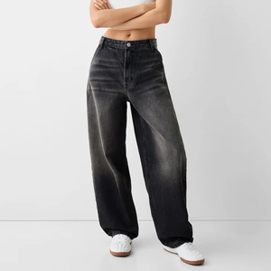 Jean décontracté unisexe à jambe large, coupe droite, délavé moyen, taille mi-haute, en denim tricoté, style streetwear, vente en gros OEM ODM - Product Image 1