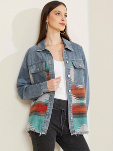 Women's Denim Jacket Patchwork Design Stonewashed Cotton Casual Loose Fit Autumn Style <b>Button</b> Front Contrast Color - Product Image 1
