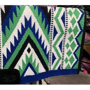 Tapis de selle western bleu vert blanc à motif géométrique Navajo, tissé à la main en laine, couverture d'équitation, équipement d'équitation - Product Image 2