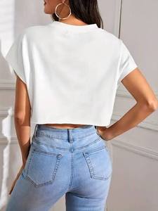 Feel Free Loose Crop <b>Top</b> Women's Eco-Friendly Velvet Casual Solid O-Neck Short Sleeve Summer T-Shirt <b>Feather</b> Decorated - Product Image 3
