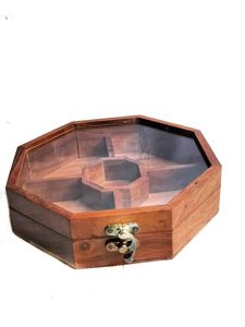 Octagonal Wooden Spice <b>Grinder</b> Box with Glass Top Metal Clasp Durable <b>Herb</b> & Masala Storage Container Food Grade Spoon - Product Image 1