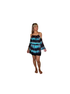 Women’s Summer Rayon Tie Dye Dress Off Shoulder Long Sleeve Elastic Waist Blue Black Bohemian Casual Wear - Product Image 4