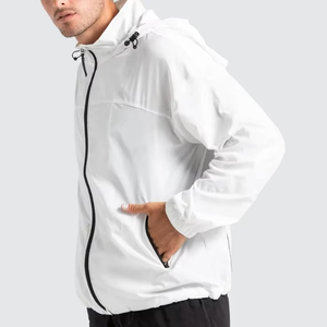 Mens White Lightweight <b>Windbreaker</b> Jacket Full Zip Hooded Minimal Sports Outdoor Running Jacket With Contrast <b>Black</b> Zippers - Product Image 3
