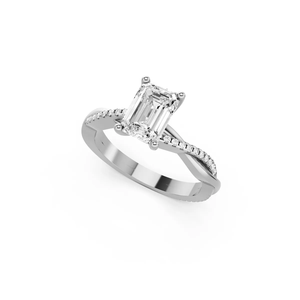 Anillo de compromiso con banda infinita retorcida y diamante de corte esmeralda cultivado en laboratorio, oro blanco macizo de 14K, 18K, 22K, VVS, VS, SI, D a G, joyería OEM - Product Image 1