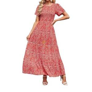 Vestido largo maxi con estampado floral azul, de manga corta, estilo bohemio, para verano, con estampado de florecitas, ropa de mujer, proveedor mayorista - Product Image 6