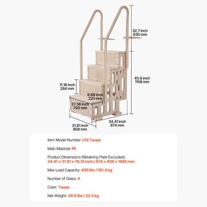 Escalera para Piscina de 4 Peldaños, Antideslizante, Resistente, con Barandillas Dobles, Capacidad de Carga Máxima de 400 Libras, para Piscinas de 48-54 Pulgadas - Product Image 4