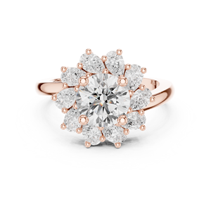 Anillo de Halo con Moissanita de Corte Redondo y Racimo Floral para Mujer, Oro Rosa sobre Plata de Ley, con Detalles de Pétalos de Pera, Joyería Nupcial - Product Image 1