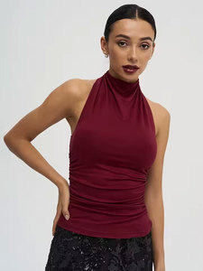 Women Black Turtleneck Ruched Tank <b>Top</b> Sleeveless Knitted Solid Sexy Club Style Breathable Spandex Polyester Fit <b>Top</b> - Product Image 6