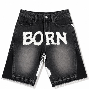 Shorts en jean brodés effet vieilli, nouveau design, style streetwear, broderie personnalisée - Product Image 1