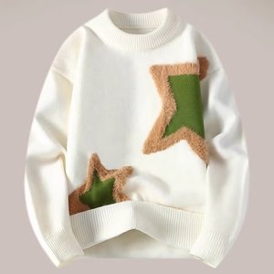 Pull tricoté à motif étoile patchwork pour homme, col rond, coupe ample, style couple, couche de base chaude, hauts en maille peluche pour l'hiver - Product Image 4