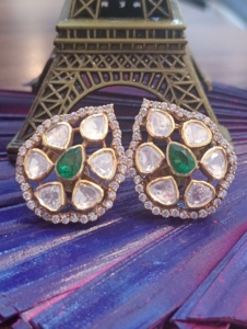 <b>studs</b> <b>earring</b> in flower design with green doublet in <b>silver</b> jewelry 925 for bridal polki stone handmade jewelry for women - Product Image 5
