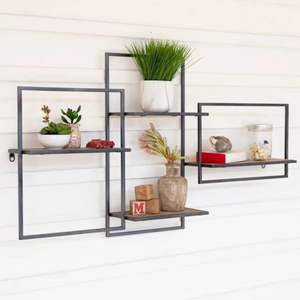 Geometric Gold Wall <b>Shelf</b> Modern Metal Frame Floating <b>Shelves</b> Wooden Display Rack Decorative Home Organizer - Product Image 6