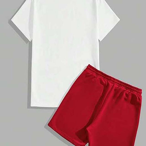 Men's White T-Shirt Red Shorts <b>Set</b> Crew Neck Solid Color <b>Knitted</b> Breathable Casual Summer Outfit Comfortable Fabric - Product Image 5
