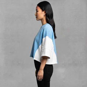 <b>Top</b> Trending Women's Blue White Color Block <b>Crop</b> <b>Top</b> Oversized Crew Neck Half Sleeve Flame Logo Print Cotton Jersey Loose Fit - Product Image 3