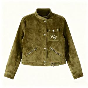 Men's Olive <b>Suede</b> <b>Bomber</b> <b>Jacket</b> Mandarin Collar Embroidered Fly Logo Casual Autumn Wear Regular Fit Button Closure - Product Image 3