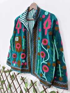 เสื้อแจ็คเก็ตปักลายดอกไม้สไตล์ซูซานีสีเขียวอมฟ้า ผ้ากำมะหยี่ โบโฮ สำหรับผู้หญิง  แฟชั่นโดดเด่นสะดุดตา  รุ่นใหม่ล่าสุด - Product Image 5