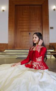 Trending <b>Red</b> White Women's Salwar 2 Piece Indian Pakistani Wedding Party Wear Silk Peplum Jacket Gown Recycled <b>Materials</b> - Product Image 3