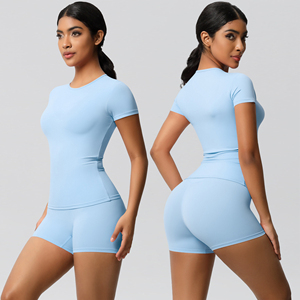 Ensemble de yoga 2 pièces pour femme, imprimé, short taille haute, haut sans couture à manches courtes, extensible dans les quatre sens, Spandex/Nylon, tenue de sport pour l'entraînement - Product Image 6