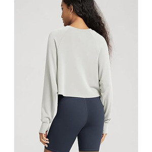 Sweat-shirt de yoga et fitness pour femme, haut décontracté de sport, t-shirt streetwear 100 % coton, manches longues, col rond, crop top automne en molleton - Product Image 4