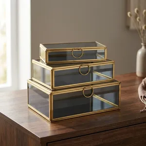 Artisan Design Black Glass and <b>Mirror</b> Jewelry <b>Box</b> with Brass Frame Storage Organizer for Rings Necklaces Accessories Cosmetics - Product Image 3