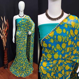 ผ้าจอร์เจียพื้นฐานปกติพิมพ์ลายดิจิทัล + ปักลูกไม้สีฟ้าทั่วส่าหรี - Product Image 1