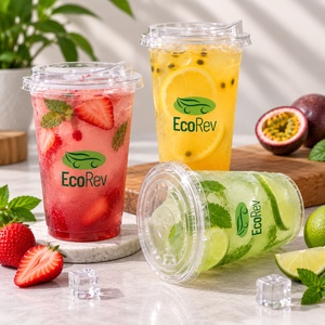 Gobelet en plastique transparent EcoRev PP/PET avec couvercle, forme ronde, logo feuille verte imprimé en sérigraphie, modèle ECO38 pour boissons - Product Image 6
