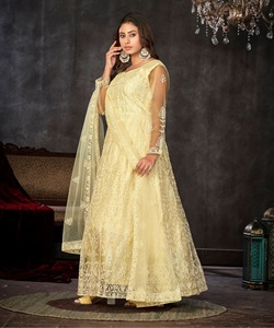 Good Quality Women's <b>Light</b> Yellow Anarkali Suit For Weddings and Fastive Occasions 3/4 Sleeve <b>Net</b> Santoon Semi stitched - Product Image 4