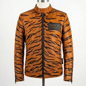 Custom Mens Tiger <b>Pattern</b> Hair-on-Hide Genuine Leather Jacket Wholesale Real Cowhide Moto Biker Stand Collar Slim Fit Coat - Product Image 1