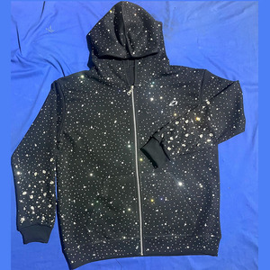 White Mixed Rhinestone Crystal Cotton Fleece Full Zip Hoodies for Men Premium Streetwear Luxury Apparel Customization - Product Image 6