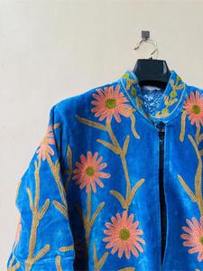 Luxury Blue <b>Velvet</b> Floral Embroidered Suzani <b>Jacket</b> Full Sleeve Stand Collar Handmade Bohemian <b>Women</b> Winter Outerwear - Product Image 3