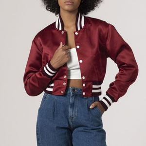 Women's <b>Maroon</b> Satin Varsity Jacket Full Sleeve Stand Collar Button Closure Regular Length Autumn Wear - Product Image 2